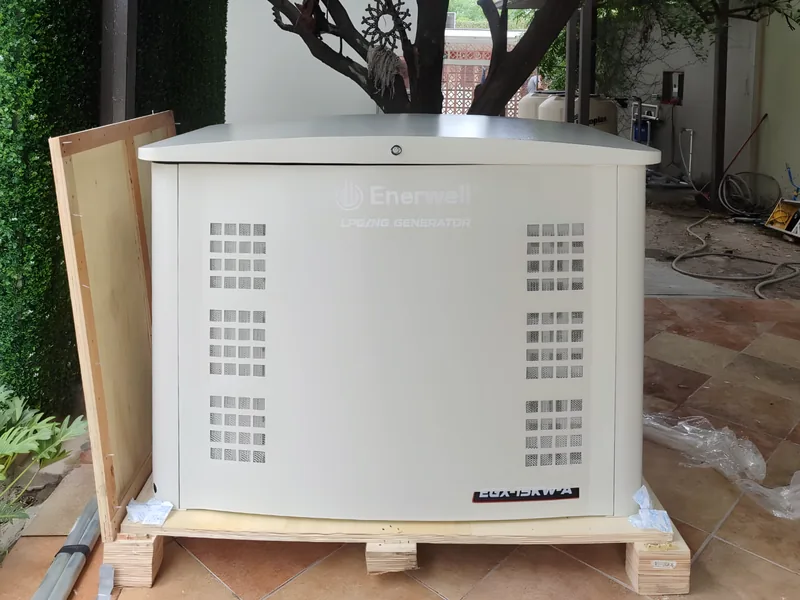 Planta estacionaria Enerwell EGX nueva sobre su tarima de madera en un patio con plantas
