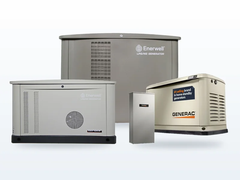 Plantas estacionarias de distinta capacidad, Enerwell EGX, Enerwell EGXPRO y Generac Guardian con su transferencia
