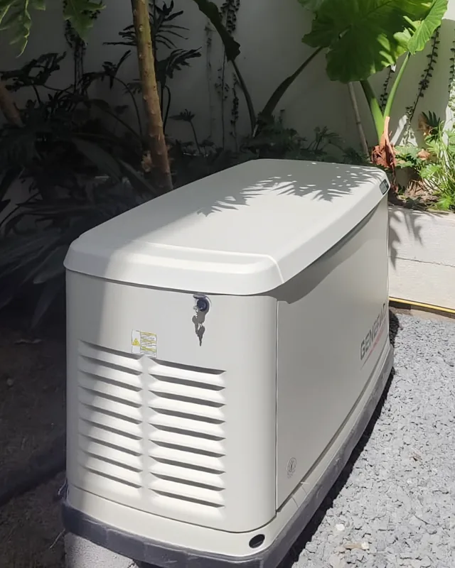 Planta estacionaria Generac sobre base de grava en un jardín con plantas tropicales